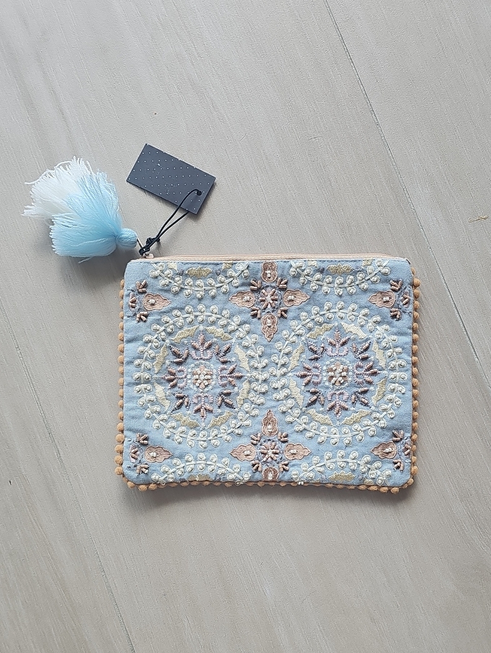 Embroidered Light Blue Tassel Zip Pouch - Women Accessories